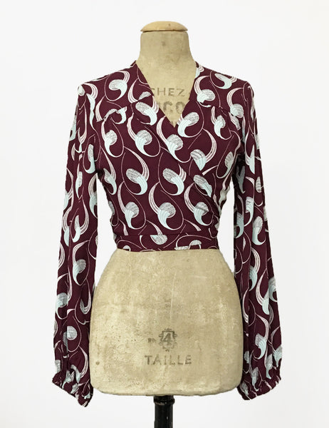 Raisin & Mint Deco Twister Drama Sleeve Babaloo Tie Crop Top - FINAL SALE