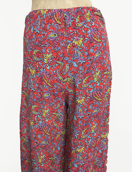 FINAL SALE - Red Colorful Paisley Print Retro 1940s Style High Waisted Palazzo Pants