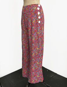 FINAL SALE - Red Colorful Paisley Print Retro 1940s Style High Waisted Palazzo Pants