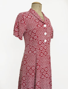 Red Bandana Print Short Sleeve Below the Knee Vintage Day Dress