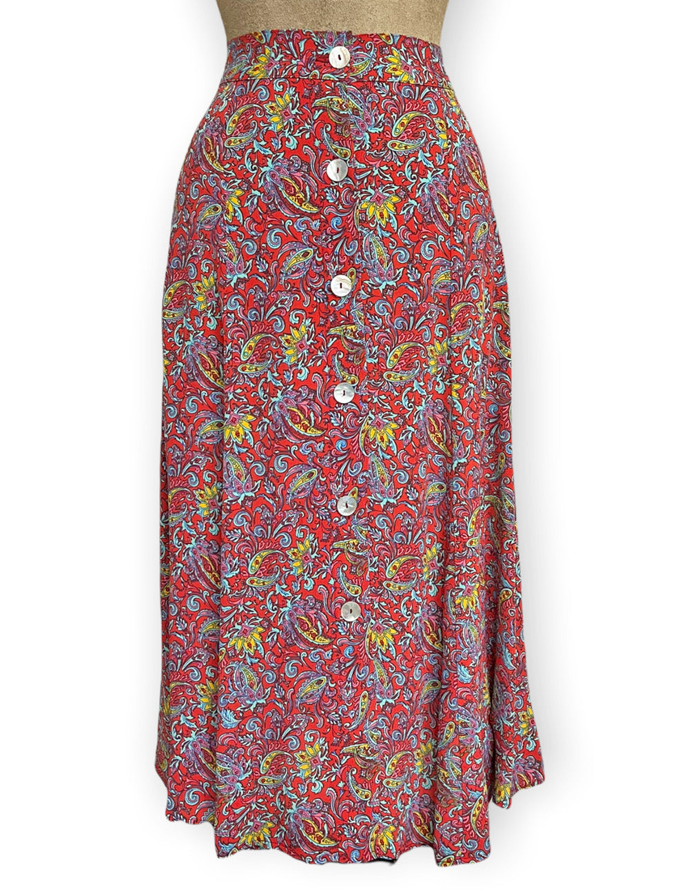 Red Colorful Paisley Print Button Front Phoebe Skirt