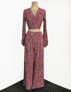 FINAL SALE - Red Colorful Paisley Print Retro 1940s Style High Waisted Palazzo Pants