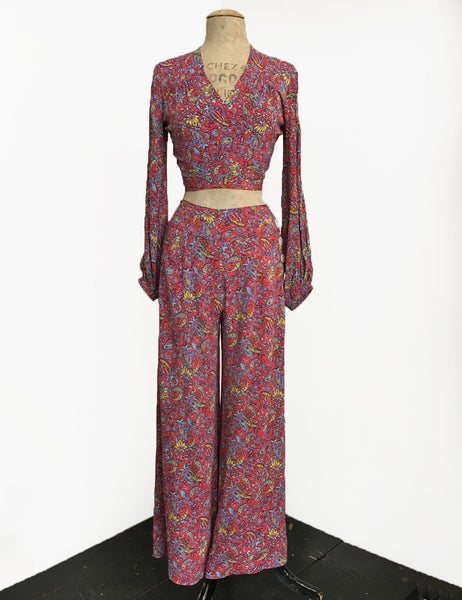 FINAL SALE - Red Colorful Paisley Print Retro 1940s Style High Waisted Palazzo Pants