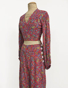 FINAL SALE - Red Colorful Paisley Print Retro 1940s Style High Waisted Palazzo Pants
