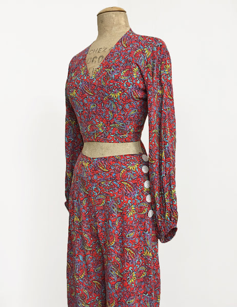 FINAL SALE - Red Colorful Paisley Print Retro 1940s Style High Waisted Palazzo Pants
