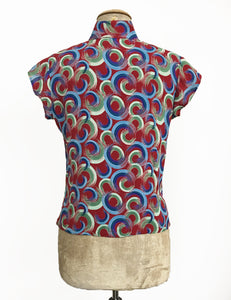 Red Colorful Swirls Mandarin Collar Button Up Tea Timer Top