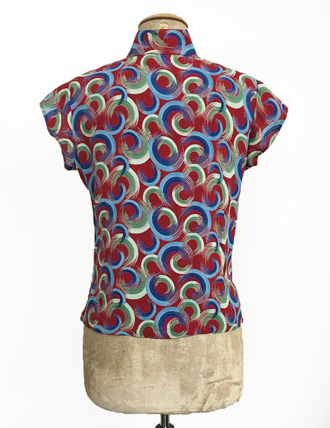 Red Colorful Swirls Mandarin Collar Button Up Tea Timer Top