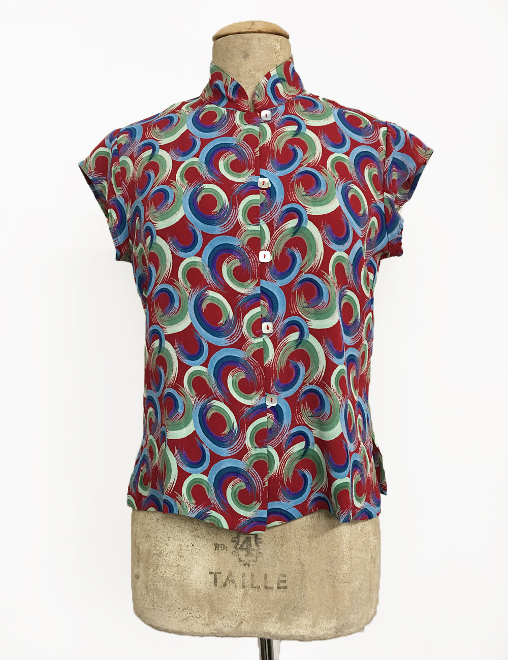 Red Colorful Swirls Mandarin Collar Button Up Tea Timer Top