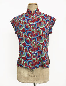 Red Colorful Swirls Mandarin Collar Button Up Tea Timer Top