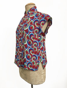 Red Colorful Swirls Mandarin Collar Button Up Tea Timer Top