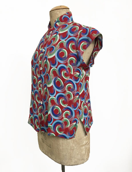 Red Colorful Swirls Mandarin Collar Button Up Tea Timer Top