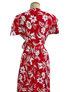 Red Hot Copacabana Print 1940s Style Cascade Wrap Dress
