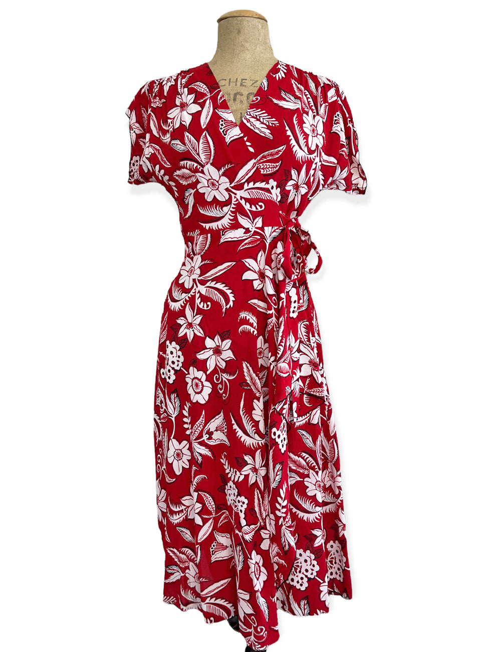 Red Hot Copacabana Print 1940s Style Cascade Wrap Dress