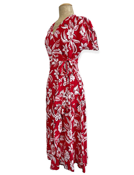 Red Hot Copacabana Print 1940s Style Cascade Wrap Dress