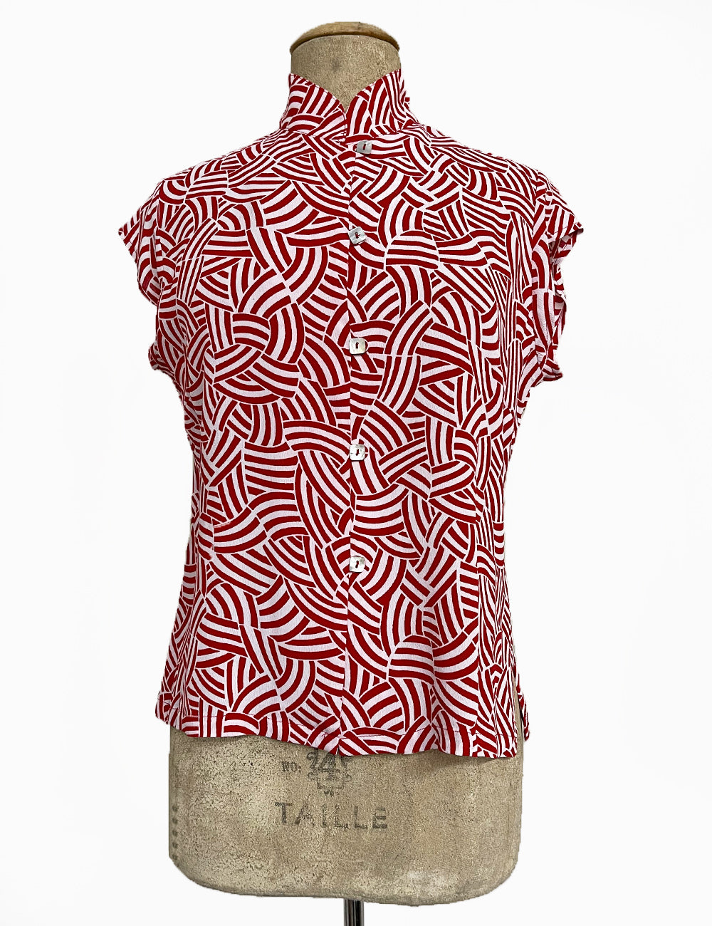 Red Deco Waves Button Up Tea Timer Top