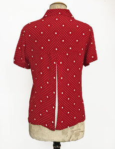 FINAL SALE - Red Floral Dot Retro Button Up Boyfriend Camp Shirt