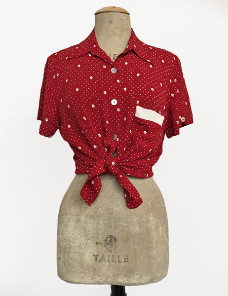 FINAL SALE - Red Floral Dot Retro Button Up Boyfriend Camp Shirt