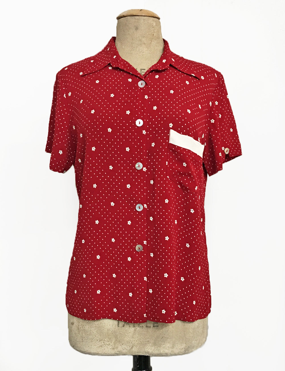 FINAL SALE - Red Floral Dot Retro Button Up Boyfriend Camp Shirt