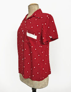 FINAL SALE - Red Floral Dot Retro Button Up Boyfriend Camp Shirt