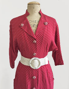Red & White Polka Dot 1940s Style Belted Manhattan Dress
