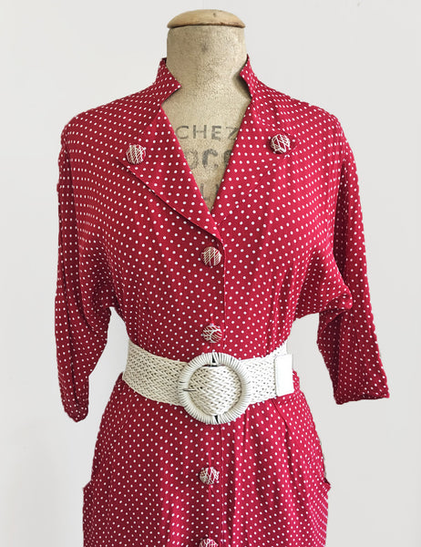 Red & White Polka Dot 1940s Style Belted Manhattan Dress