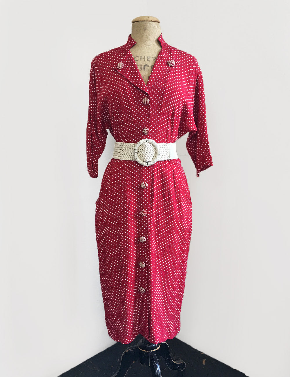 Red & White Polka Dot 1940s Style Belted Manhattan Dress