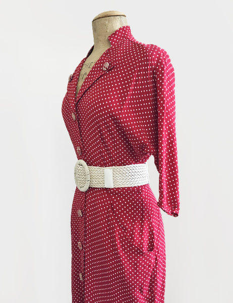 Red & White Polka Dot 1940s Style Belted Manhattan Dress