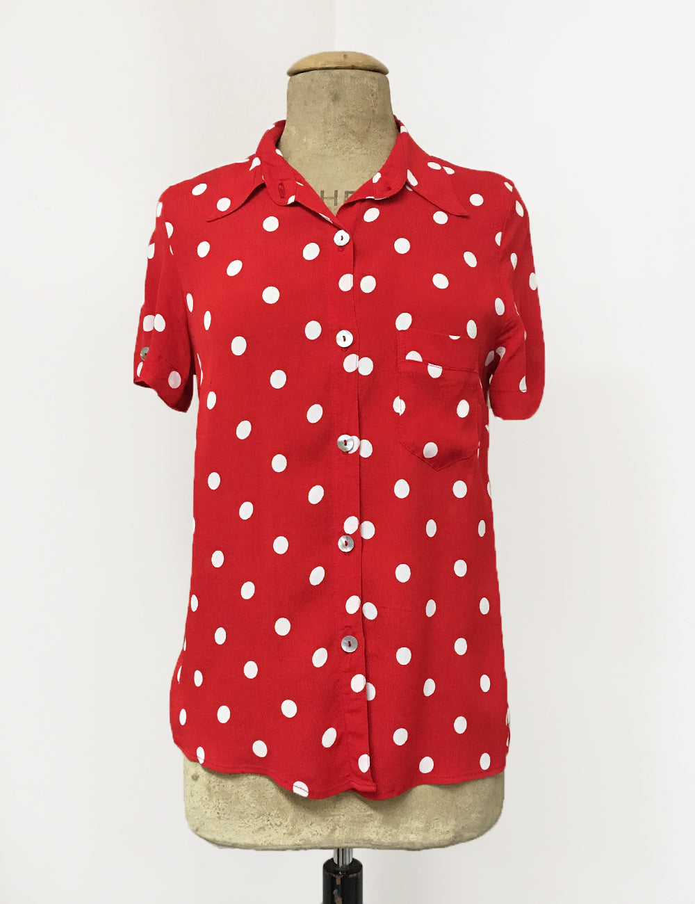 Red & White Big Polka Dot Button Up Short Sleeve Camp Shirt