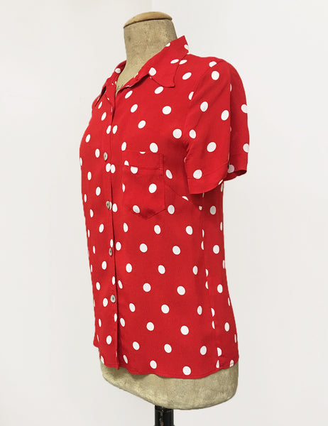 Red & White Big Polka Dot Button Up Short Sleeve Camp Shirt