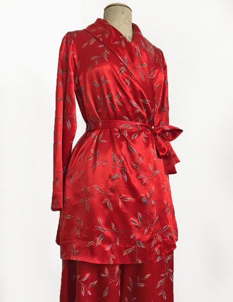 Red Printed Satin 1930s Style Shawl Collar Kimono Robe