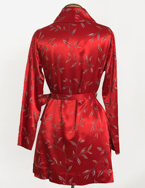 Red Printed Satin 1930s Style Shawl Collar Kimono Robe