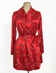 Red Printed Satin 1930s Style Shawl Collar Kimono Robe