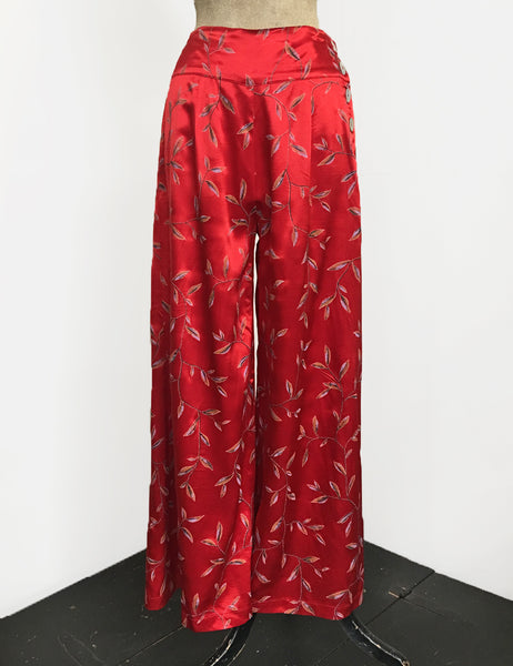 Red Printed Satin 1930s Style High Waisted Palazzo Pants