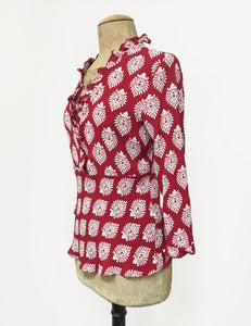 Red & White Turtle Stamp Print Ruffle Fitted Femme Blouse