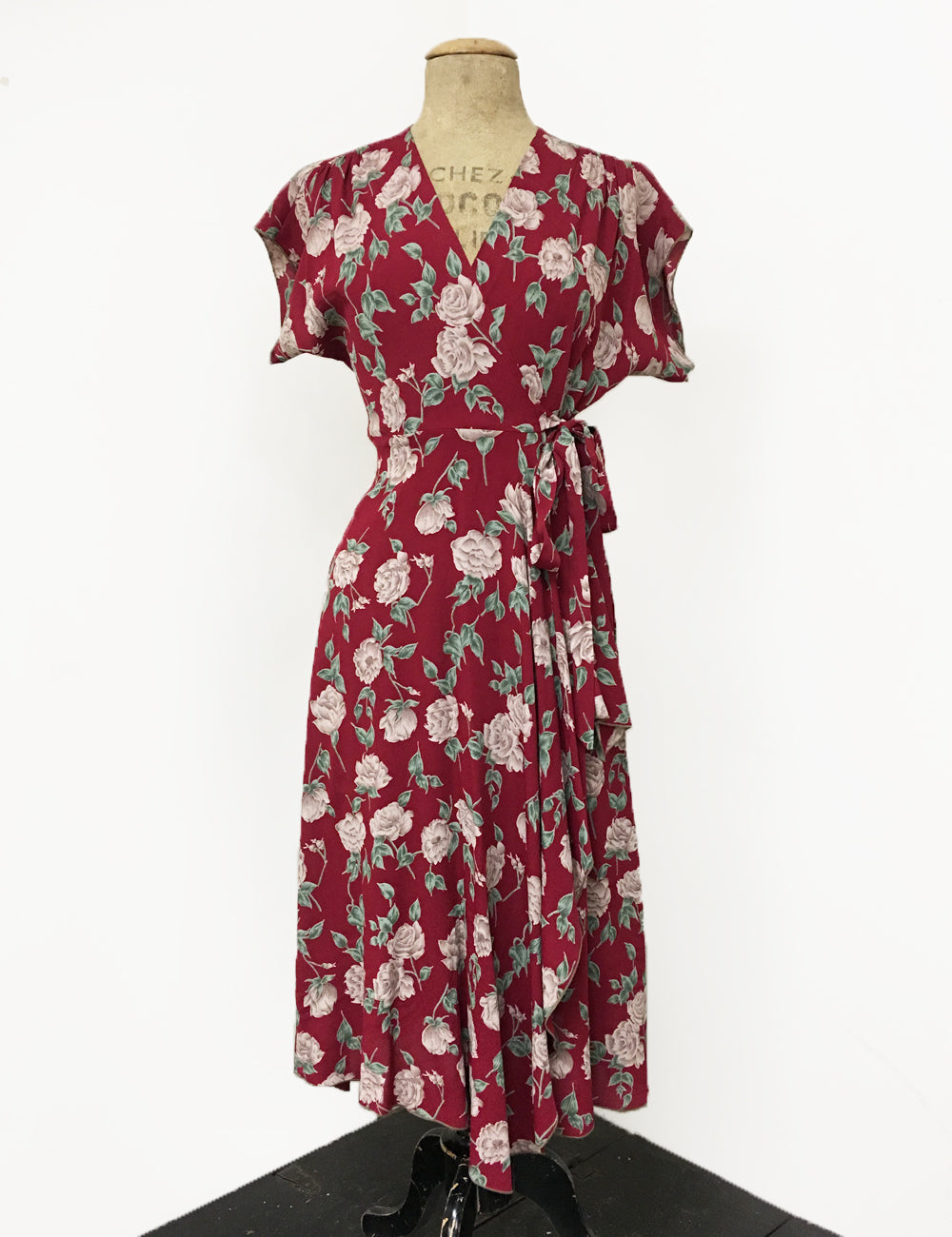 Red & Ivory Heirloom Rose Print 1940s Style Cascade Wrap Dress