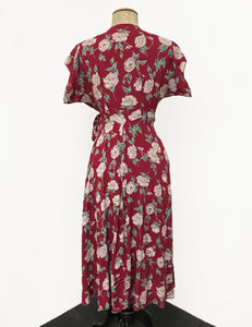 Red & Ivory Heirloom Rose Print 1940s Style Cascade Wrap Dress