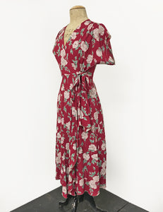 Red & Ivory Heirloom Rose Print 1940s Style Cascade Wrap Dress