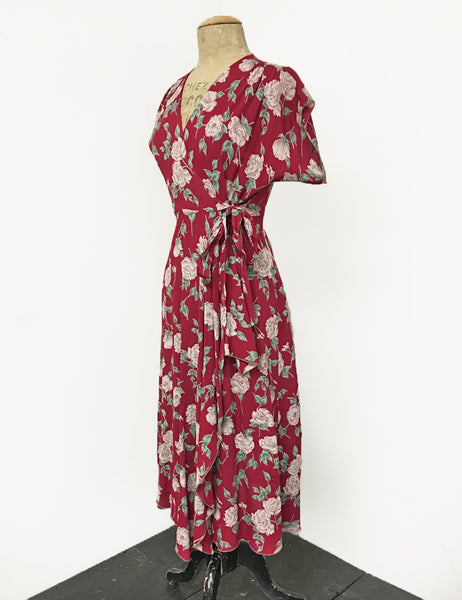 Red & Ivory Heirloom Rose Print 1940s Style Cascade Wrap Dress