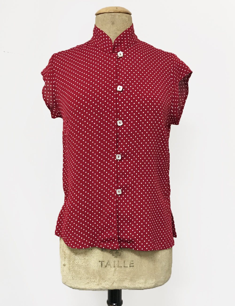 Red Hot Polka Dot Button Up Mandarin Collar Tea Timer Top