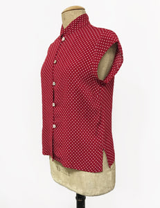 Red Hot Polka Dot Button Up Mandarin Collar Tea Timer Top