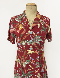 Red Jungle Print Short Sleeve Tea Length Vintage Day Dress - FINAL SALE