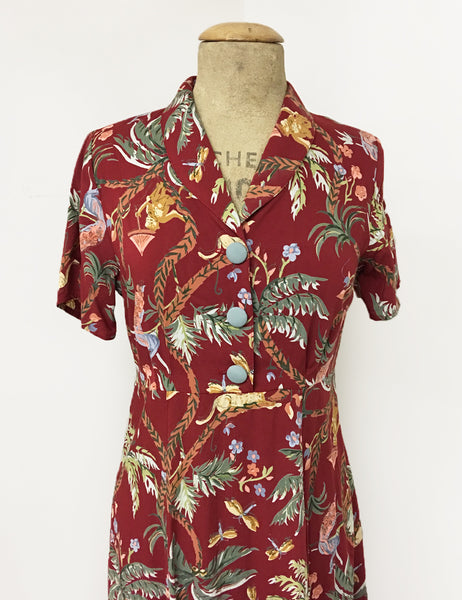 Red Jungle Print Short Sleeve Tea Length Vintage Day Dress - FINAL SALE