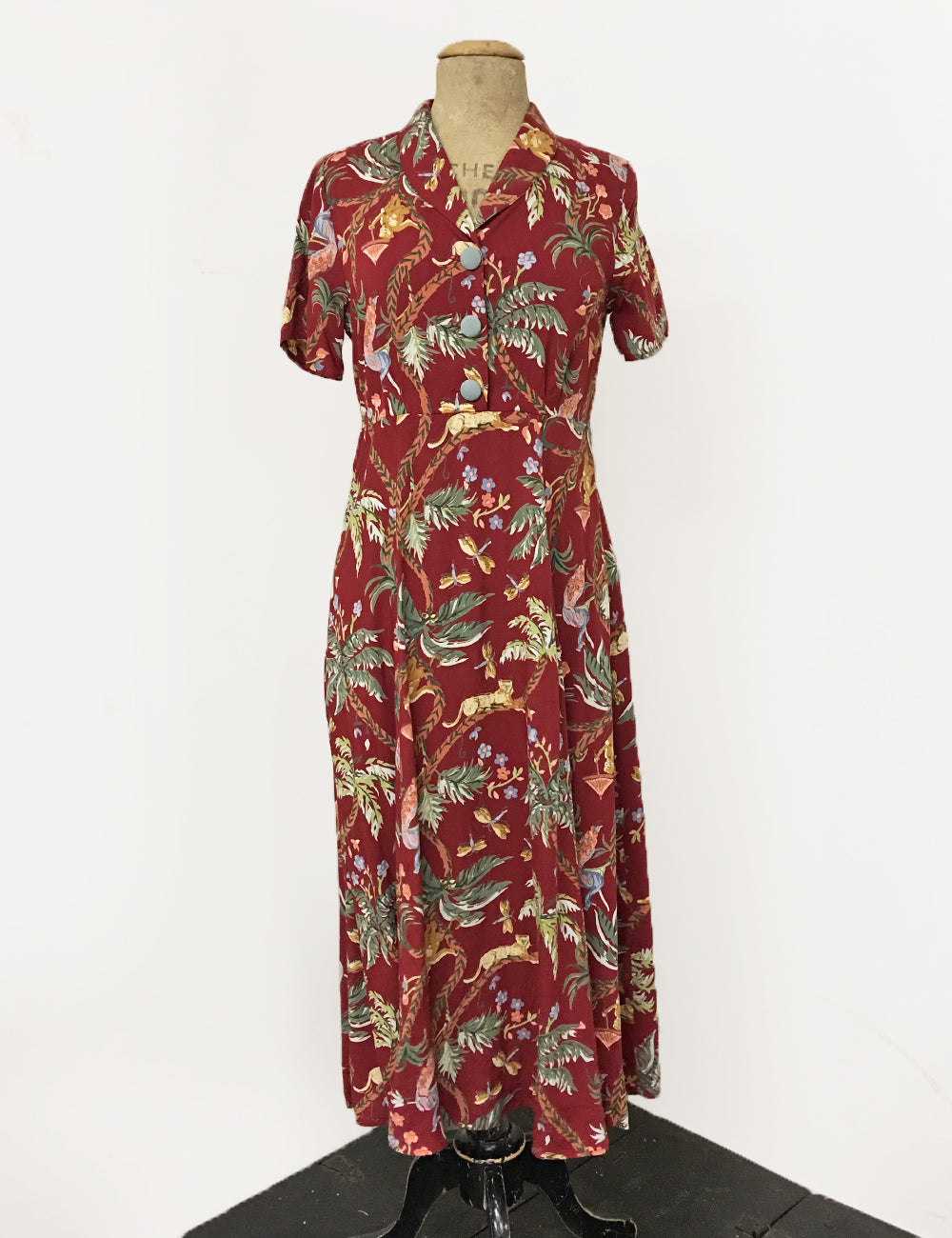 Red Jungle Print Short Sleeve Tea Length Vintage Day Dress - FINAL SALE