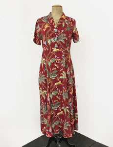 Red Jungle Print Short Sleeve Tea Length Vintage Day Dress - FINAL SALE