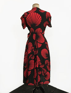 Black & Red Art Deco Fan Print Cascade Wrap Dress