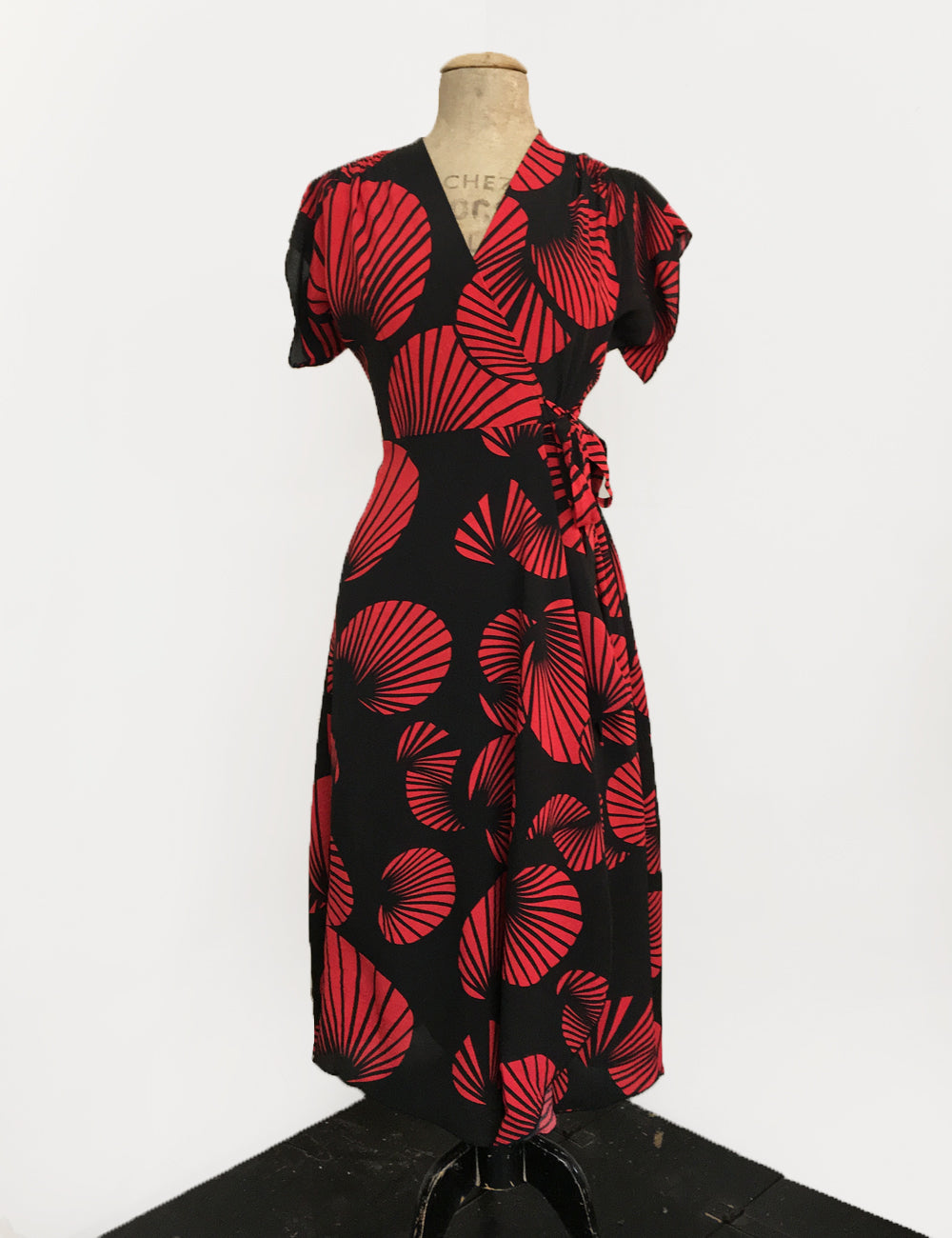 Black & Red Art Deco Fan Print Cascade Wrap Dress