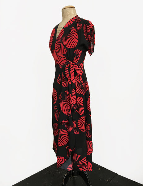 Black & Red Art Deco Fan Print Cascade Wrap Dress