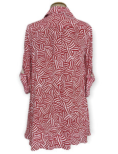Red & White Deco Waves Button Up Hi-Low Blouse