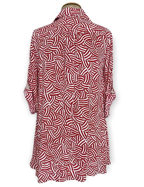Red & White Deco Waves Button Up Hi-Low Blouse