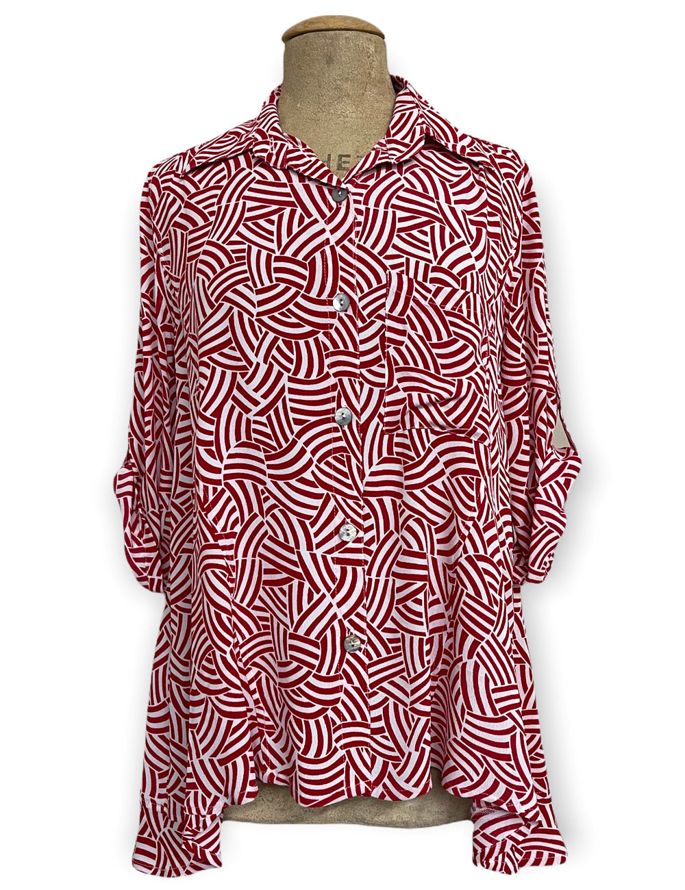 Red & White Deco Waves Button Up Hi-Low Blouse